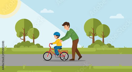 Father helping his son learn to ride a bike in a sunny park a wholesome and heart warming family