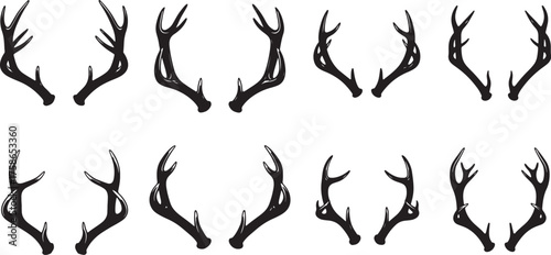 Collection of Eight Black Silhouette Deer Antlers on White Background stag buck on transparent background