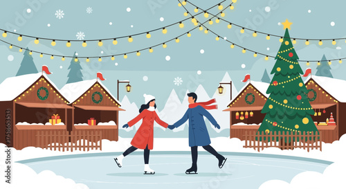 Festive winter scene featuring couple ice skating at a charming christmas market