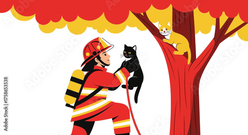 Firefighter rescuing cats from tree, vector illustration portraying safety and assistance. The