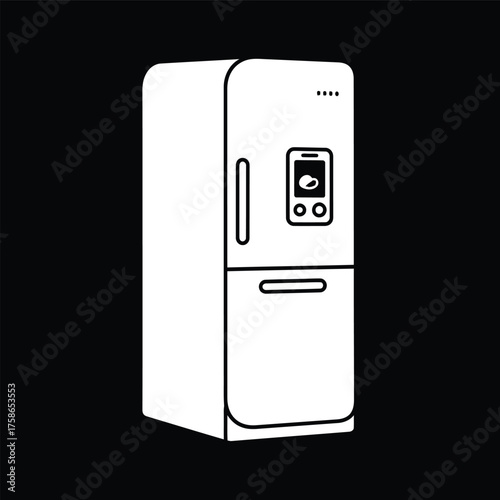 A sleek, white smart refrigerator with a prominent digital touchscreen on the door, showcasing a cloud icon and control buttons.