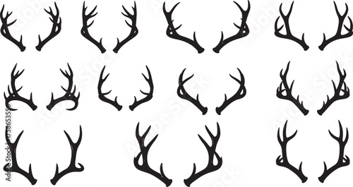 Collection of Twelve Black Silhouette Deer Antlers on White Background stag buck on transparent background