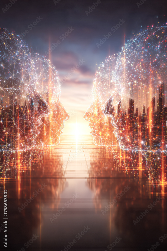 Fototapeta premium A futuristic depiction of two digital faces facing each other, surrounded by glowing visual elements, symbolizing connection and technology.