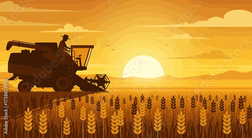 Golden Harvest: A Silhouette Illustration of Farming at Sunset with Combine Harvester