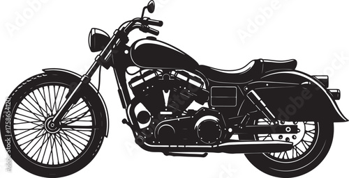 Black Silhouette of a Classic Cruiser Motorcycle with Detailed Engine and Spoked Wheels black and white on transparent background