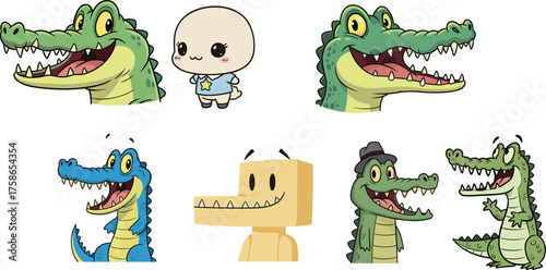Cartoon crocodile and character set, playful animal clipart, kids illustration, stylized mascot vector, colorful reptile design, whimsical creature icons