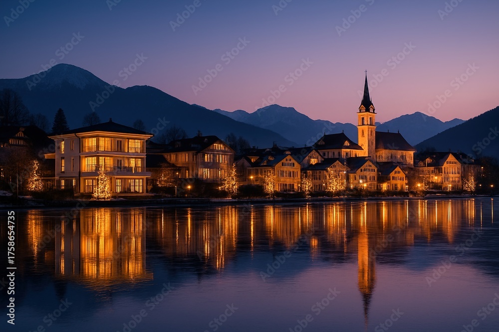 Fototapeta premium night view of the old city of tallinn estonia on river side reflecting in river water