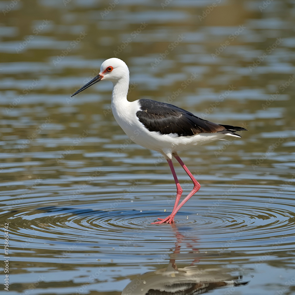 Obraz premium A black-winged stilt bird Himantopus himantopus standing gracefully in shallow water in Anapa, Russia.