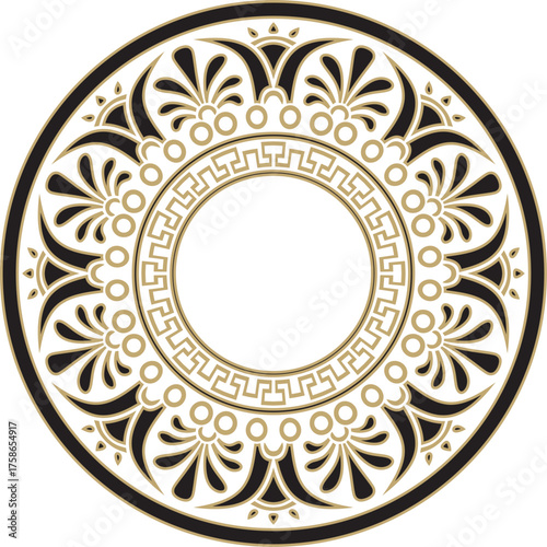 Vector gold with black classic Greek round ornament. Circle of Ancient Greece and the Roman Empire. Byzantine painting of walls, floors and ceilings. Decoration of European palaces.