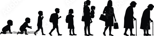 Human life stages silhouette, baby to elderly woman, aging process, female development, generational growth, timeline concept, black vector illustration, isolated