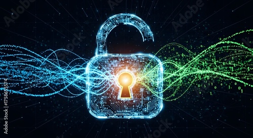 Glowing open padlock with circuit patterns and blue and green data streams on a dark background