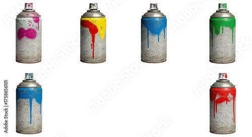 Set of old spray paint cans with colorful drips in red, blue, yellow, green, and pink, perfect for art and graffiti projects