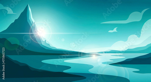 Stylized Mountain Landscape with Sunlight, River, and Flying Bird for Peaceful Nature and Scenic Art Visual