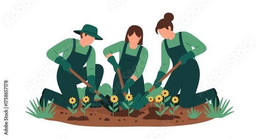 Three People Working Together Planting Flowers in a Garden
