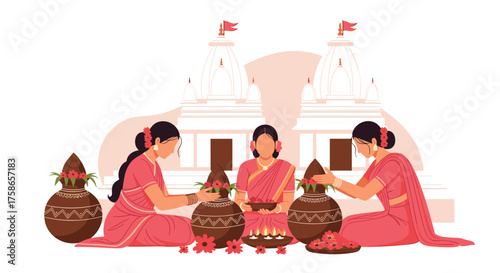 Devotees Performing Religious Rituals Outdoors Near a Temple