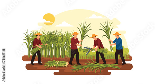 Farmers Harvesting Sugarcane Under Bright Sunny Skies in a Lush Green Field