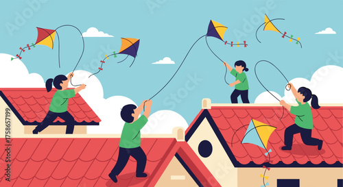 Children Flying Kites on Rooftops Under a Clear Sky with Clouds Enjoying the Outdoors