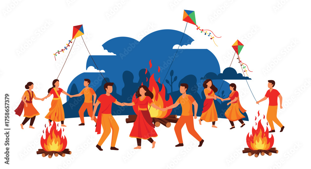 Fototapeta premium Celebration of Indian Festival with Bonfire and Kite Flying Activities