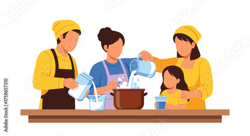 Family members preparing food together in the kitchen
