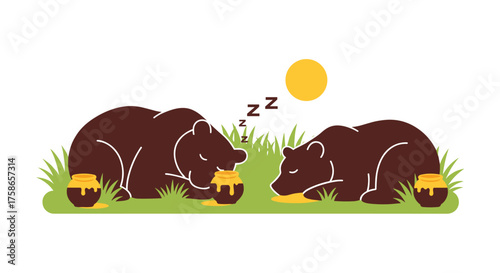 Two Bears Enjoying Honey Pots Under the Warm Summer Sun