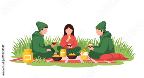 Three Children Enjoying a Delicious Outdoor Picnic Lunch Surrounded by Nature and Food