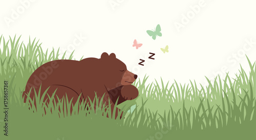 Peaceful Bear Sleeping Soundly Among Green Grass Butterflies Flutter Gently Overhead