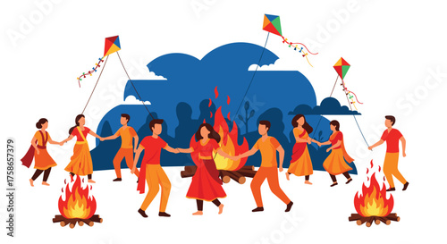 Celebration of Indian Festival with Bonfire and Kite Flying Activities