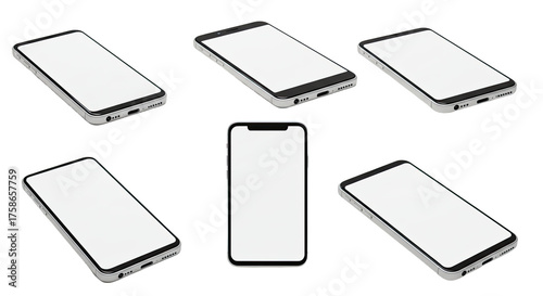 Set of six modern white smartphones isolated on black background, blank screens for mockup or design presentations