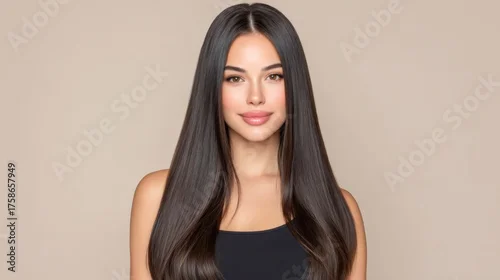 Obraz Beautiful woman with long, straight hair and natural makeup against a neutral background, conveying beauty, confidence, and simplicity in a portrait setting