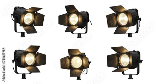 Set of six professional black studio spotlights with barn doors for stage and photography lighting, ideal for film shoots and photo sessions