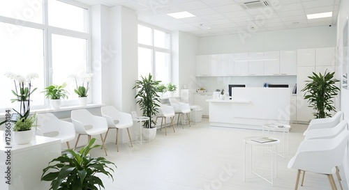 Bright waiting room with white chairs plants and large windows creating a clean modern aesthetic