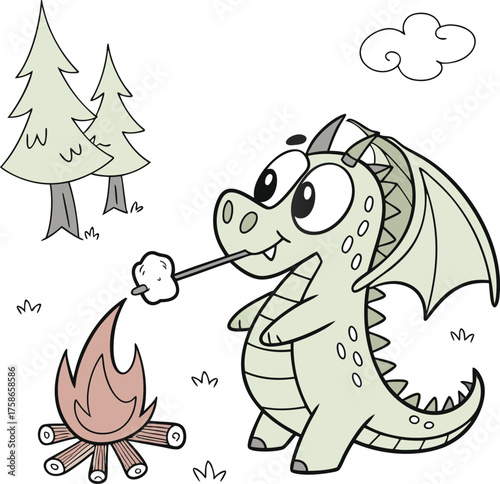 Dragon roasting marshmallow over campfire in outdoors with cartoon style
