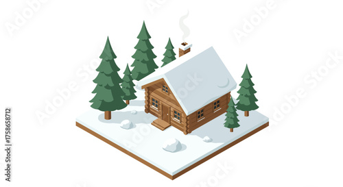 Cozy winter cabin in isometric snowy forest with pine trees and chimney smoke