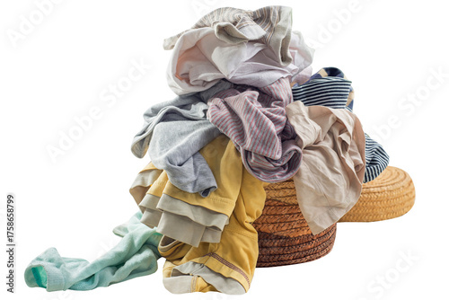 Used clothes in a pile on a laundry basket. Sorting and cleaning second-hand. Preparing for washing. 