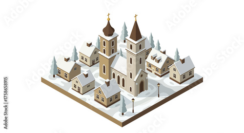 Winter village scene with church and snow-covered houses in isometric style