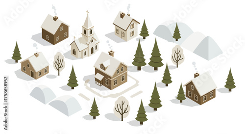 Charming winter village with snow-covered houses and trees in isometric style