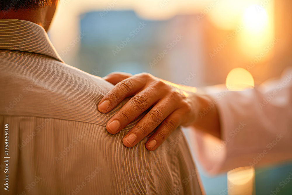 Obraz premium A comforting hand rests gently on a person's shoulder, symbolizing support and connection during a sunset.