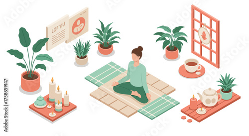 Tranquil isometric yoga scene with plants and tea setup