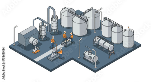 Isometric industrial plant with workers and storage tanks