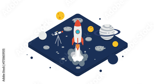 Isometric rocket launch in outer space scene with planets and telescope