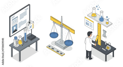 Isometric science lab with researchers and equipment illustrations