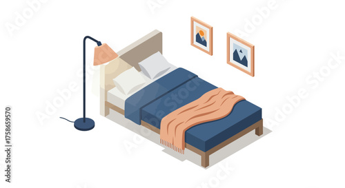 Cozy isometric bedroom with modern bed and floor lamp in minimalist style