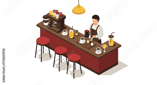 Isometric barista at coffee shop counter with drinks and barstools