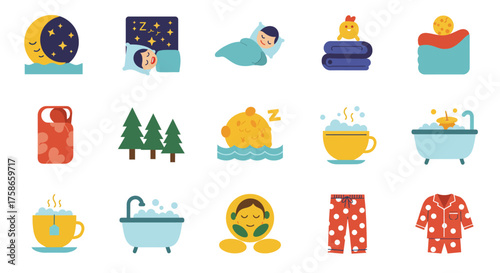 Cozy sleep and relaxation icons featuring nighttime and bath elements