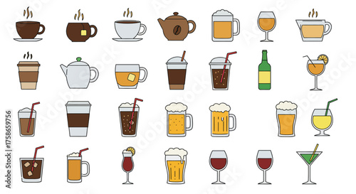 Colorful collection of various beverage icons in flat style