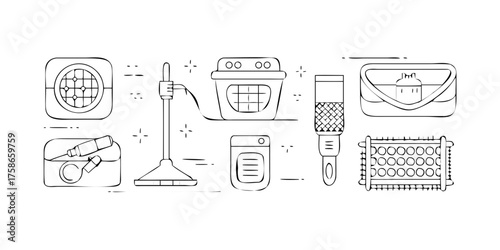 Pool Maintenance Icons. Outline style icons of Pool Maintenance Tools: pool net, chlorine tablets, test kit, pool vacuum, skimmer.