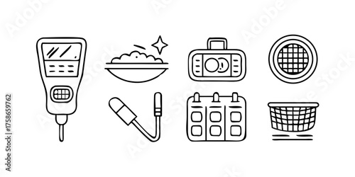 Pool Maintenance Icons. Outline style icons of Pool Maintenance Tools: pool net, chlorine tablets, test kit, pool vacuum, skimmer.