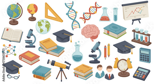 Educational tools and science icons set: books, globes, dna, and lab equipmen…