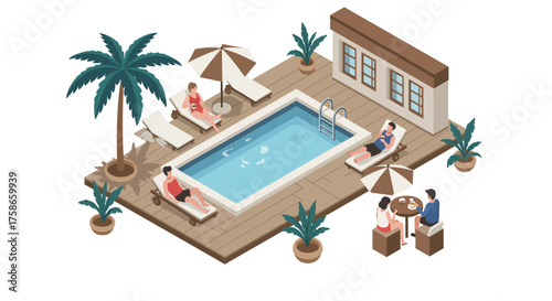 Isometric poolside relaxation scene with sunbathing and social gathering