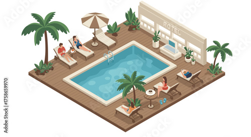 Relaxing poolside oasis with palm trees and sunbeds in isometric design